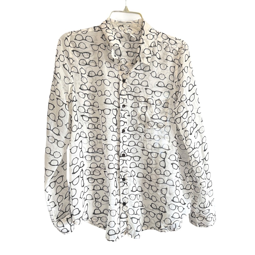 Forever 21 Button Down Shirt Women L White Eyeglasses Print Quirky Dark Academia